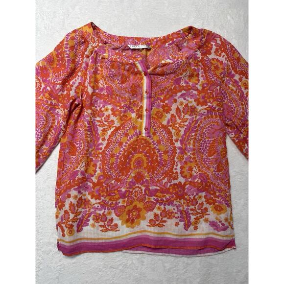 Trina Turk Peonies 4 Button 3/4 Puff Sleeve Linen Blend Hippy Rave Vibe Top SZ M - Picture 1 of 7